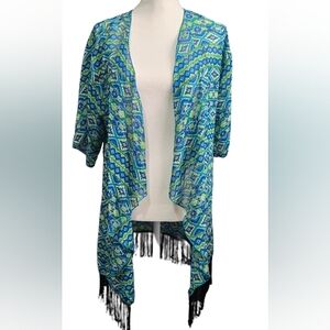 LuLaRoe Mid-Length Turquoise and Limegreen Kimono. Sz S-L.
